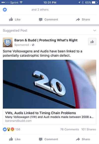 VW Audi Facebook Law Firm Ad
